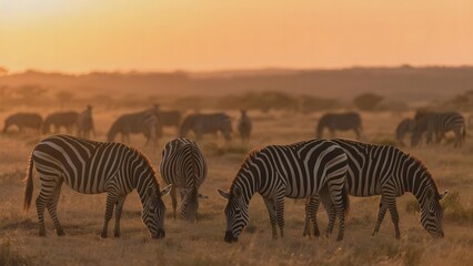Zebras grazing in a savanna at sunset, with warm golden light illuminating the landscape.