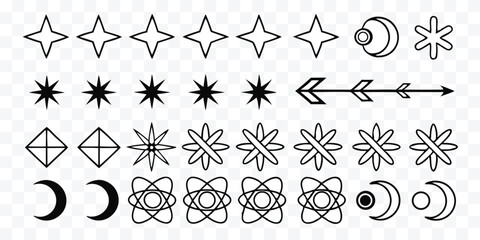 Collection of Black and White Geometric Symbols Featuring Stars Moons Arrows and Abstract Shapes for Graphic Design Projects