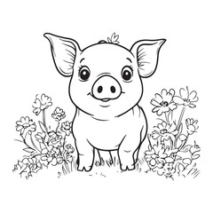 Cute Pig in Grass with Flowers Line Art vector silhouette