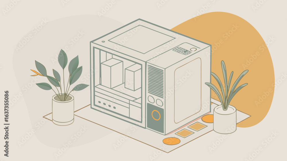 Poster isometric illustration of a modern computer tower with plants and abstract shapes on a neutral backg