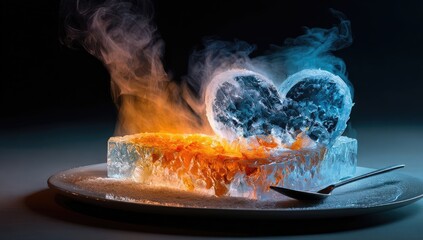 Frozen heart-shaped dessert, smoky, vibrant colors