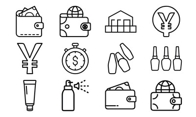 Set of Line Art Icons – Wallet, Currency, Cosmetics, Beauty Tools, and Business Finance Symbols in Minimal Outline Style