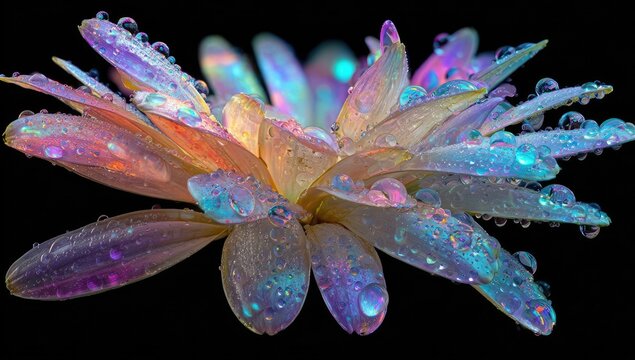 Vibrant, iridescent flower petals, covered in dew drops, illuminated in a spectrum of colours against a black background