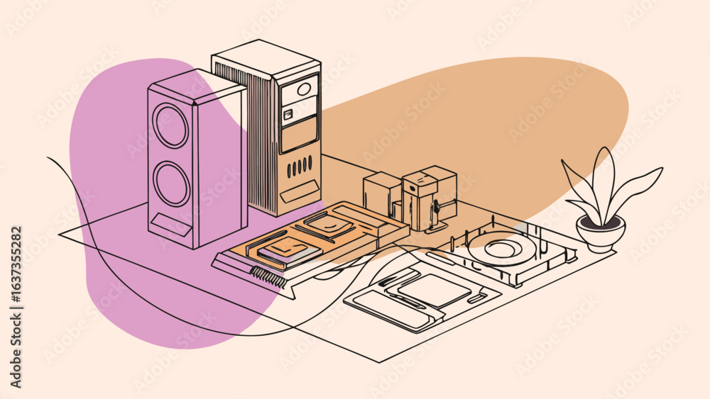Poster stylized isometric illustration of a computer setup with speakers tower and peripherals on a desk