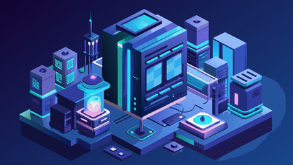 Futuristic isometric cityscape with glowing neon lights and advanced technology structures
