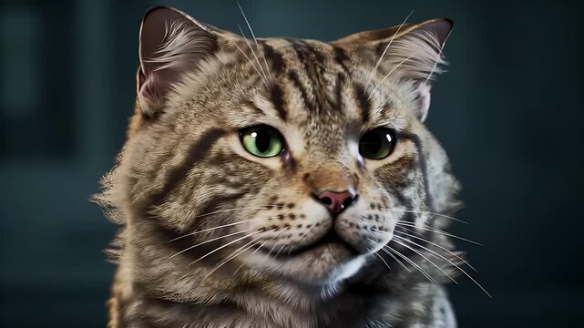 Intimate Portrait of Tabby Felis Catus with Striking Green Eyes in a Dark Teal Background a Charming Display of Feline Beauty Perfect for Decoration and Animal Lovers and showcase the Cute Domestic
