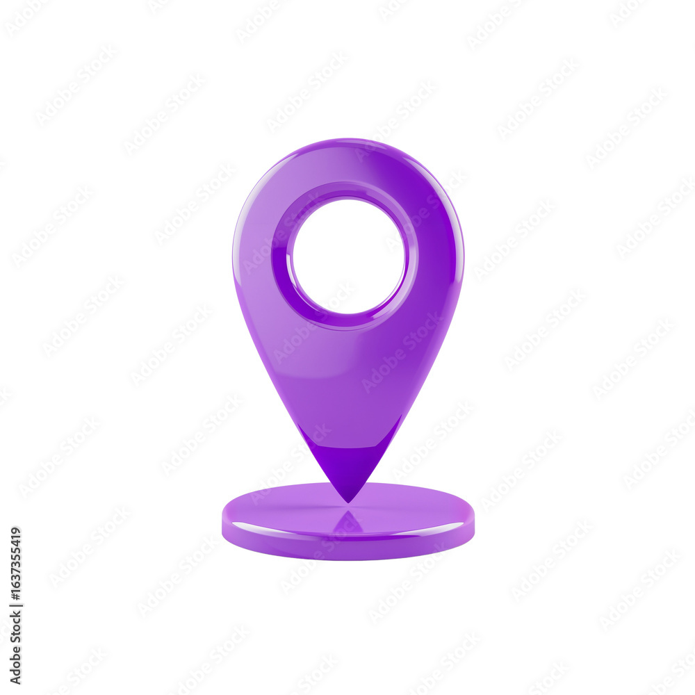 Poster sleek three-dimensional purple locator pin icon rendering with subtle reflection on clear field