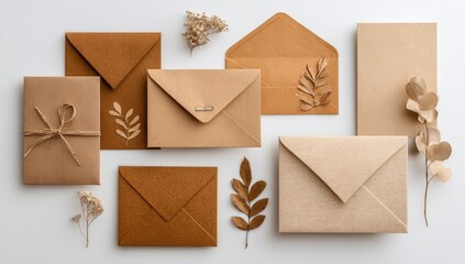 Various brown and beige envelopes, dried flowers, and leaves arranged on a white surface