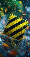 Yellow warning sign in water, leaves, and splashes