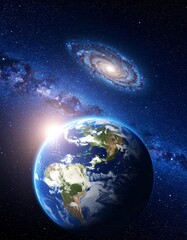 Fototapeta premium Earth, sunlit, centered, with a spiral galaxy and Milky Way visible in the background