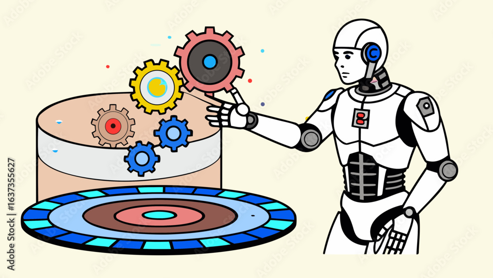 Poster advanced humanoid robot meticulously places gears onto a cylindrical structure symbolizing technolog
