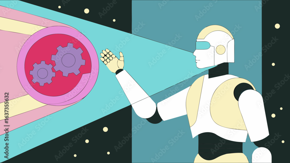 Poster futuristic robot interacting with a glowing portal containing gears symbolizing innovation and techn
