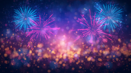 A vibrant celebration scene with colorful fireworks, sparkling sparkles, and bokeh effects, surrounded by a gradient background of blue, purple, and orange hues.