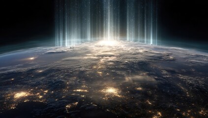 Earth seen from space, illuminated by beams of light emanating from the horizon