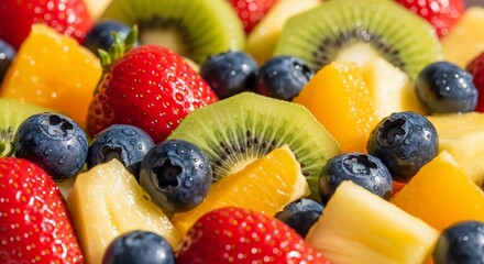 Vibrant Fruit Salad Close-Up: Strawberries, Kiwi, Blueberries, and Mango