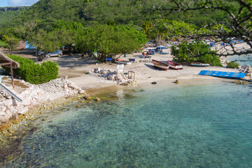 Tropical scenery in Curaçao with crystal-clear waters and a paradise beach. Perfect for travel,...