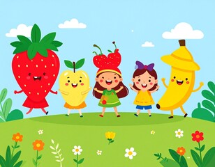 Set of happy kids fruit character vector collection. Illustration of character poses using 