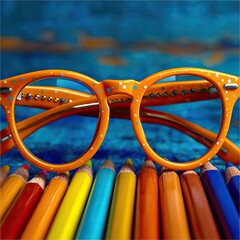 Orange Glasses Over Colorful Pencils