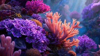 Vibrant coral reef teeming with life, showcasing various hues of pink, purple, and orange