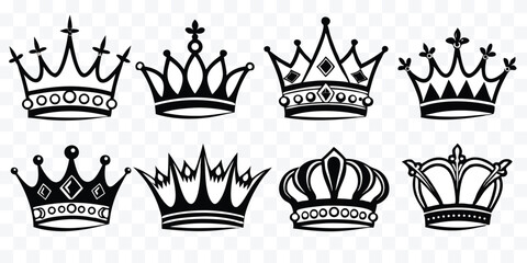 Collection of Elegant Crown Illustrations for Royalty Theme Design and Decoration Black and White Vector Set