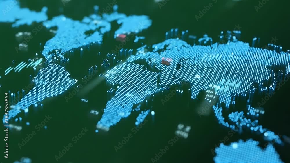 Poster glowing green light path blue world map background, with a minimalistic design featuring simple line
