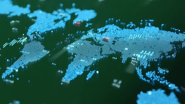 Glowing green light path blue world map background, with a minimalistic design featuring simple lines and shapes.