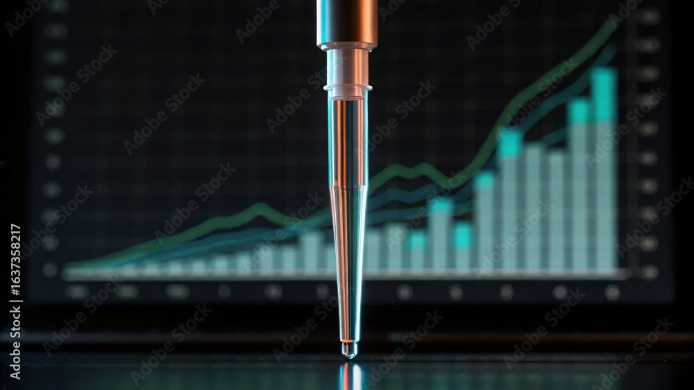 Poster high-tech pipette over graph displaying biotech data trends