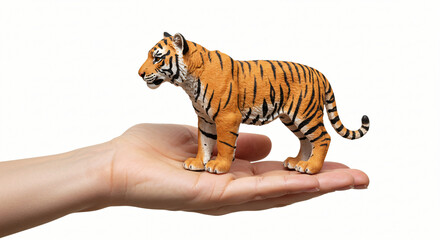 Obraz premium Hyper-Realistic Miniature Tiger Figurine Held in Human Hand Showcasing Intricate Craftsmanship, Lifelike Texture, and Authentic Animal Detailing for Collectors and Toy Enthusiasts