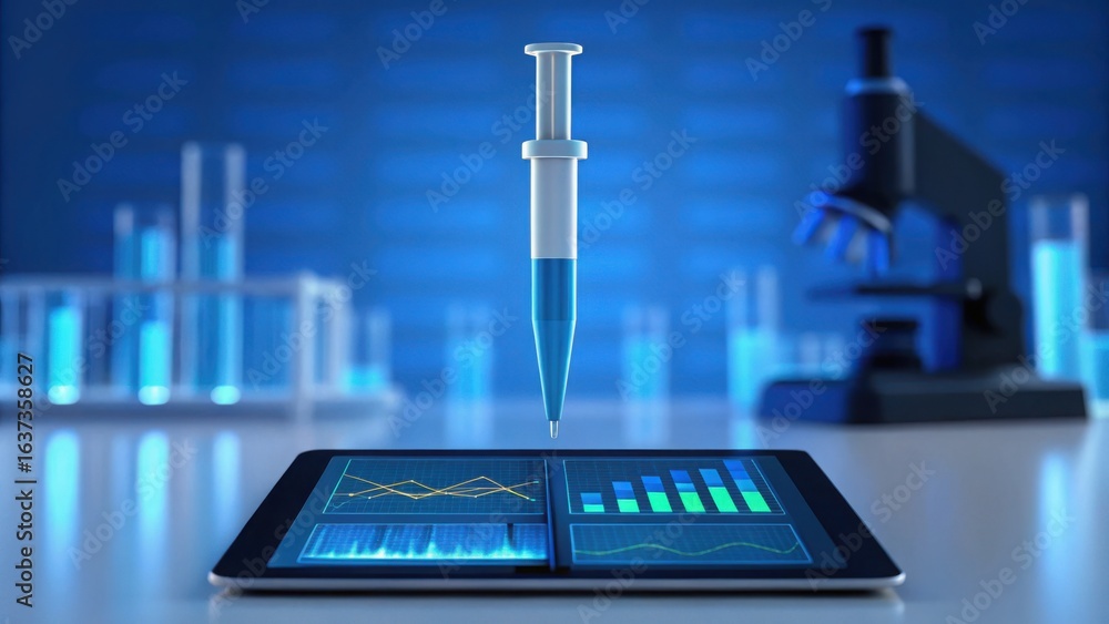 Poster digital tablet displaying biotech data with pipette and microscope