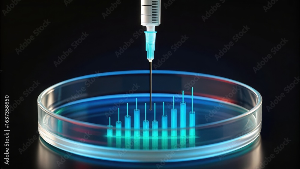 Poster syringe injecting liquid into petri dish with floating structures