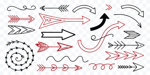 Collection of hand drawn arrows and dividers in black and red for design and illustration vector set on transparent background