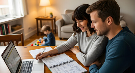 A smiling couple works together on a laptop and notebook at a table, while their young child plays in the background of their home.