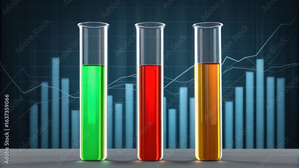 Poster colorful solutions in test tubes with graph background for science