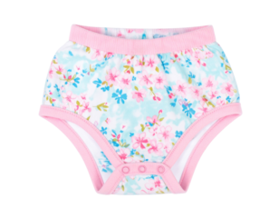 A pair of white baby bloomers with a delicate pink and blue floral pattern, perfect for warm weather, isolated on a white background.