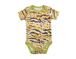 A comfortable baby bodysuit featuring a cute, whimsical animal print on a light-colored fabric, isolated on a white background.