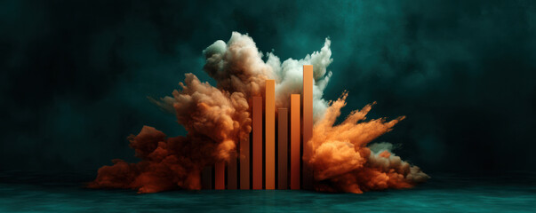  dynamic visualization featuring abstract bar graphs emerging from colorful smoke and clouds, symbolizing growth and transformation in data.