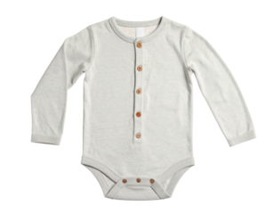 A white baby onesie with a frilly collar and button accents, offering a sweet and classic look, isolated on a white background.