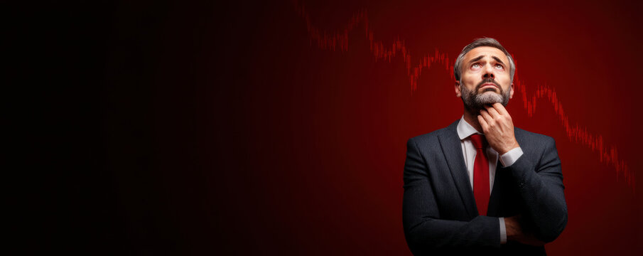  businessman in a suit contemplates with a worried expression against a backdrop of a declining financial graph.