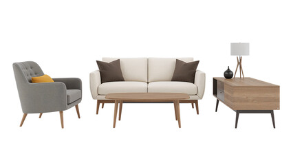 Elegant living room arrangement showcasing a sofa armchair coffee table and wooden cabinet lamp