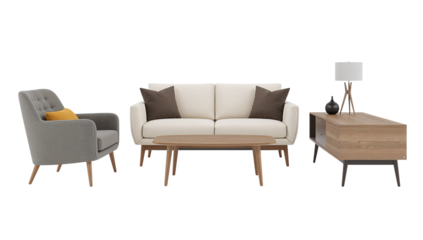 Elegant living room arrangement showcasing a sofa armchair coffee table and wooden cabinet lamp