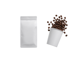 Elegant presentation of coffee beans, cup and packaging on a seamless neutral background for
