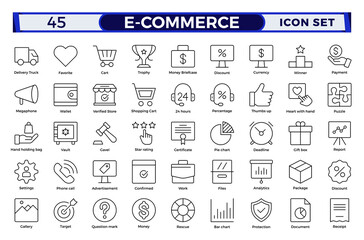 E-commerce outline icon set. Online shopping and delivery elements.E-Commerce set of in-line style. for mobile apps. Business, shop, digital marketing, bank card, gifts, sale, delivery,money,discount