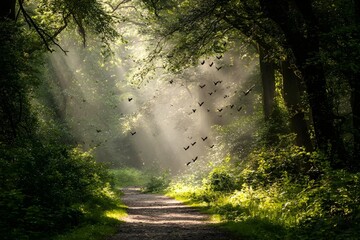 Obraz premium Forest trail with sunlight streaming through leaves for a peaceful nature walk experience