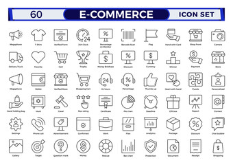 E-commerce outline icon set. Online shopping and delivery elements.E-Commerce set of in-line style. for mobile apps. Business, shop, digital marketing, bank card, gifts, sale, delivery,money,discount