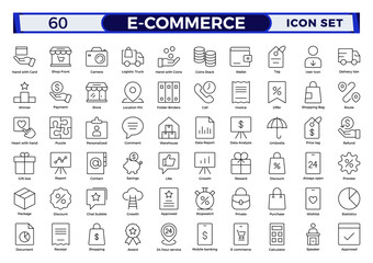 E-commerce outline icon set. Online shopping and delivery elements.E-Commerce set of in-line style. for mobile apps. Business, shop, digital marketing, bank card, gifts, sale, delivery,money,discount