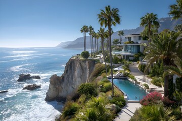 Glistening oceanfront with palm trees and luxury beachfront resort atmosphere