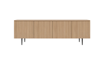 Elegant minimalist sideboard with light oak veneer and sleek metal legs on transparent area