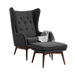 Fototapeta premium Sophisticated charcoal wingback chair with footstool offering comfortable relaxation and style