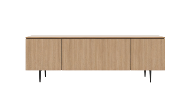 Elegant minimalist sideboard with light oak veneer and sleek metal legs on transparent area