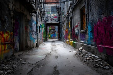 Fototapeta premium Dynamic Graffiti Covered Alleyway with Bold Street Art Energy